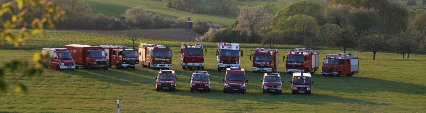 14 Feuerwehrfahrzeuge in zwei Reihen auf einer Wiese positioniert. Im Hintergrund sind Häuser von Altenhaßlau und Gelnhausen zu erkennen.