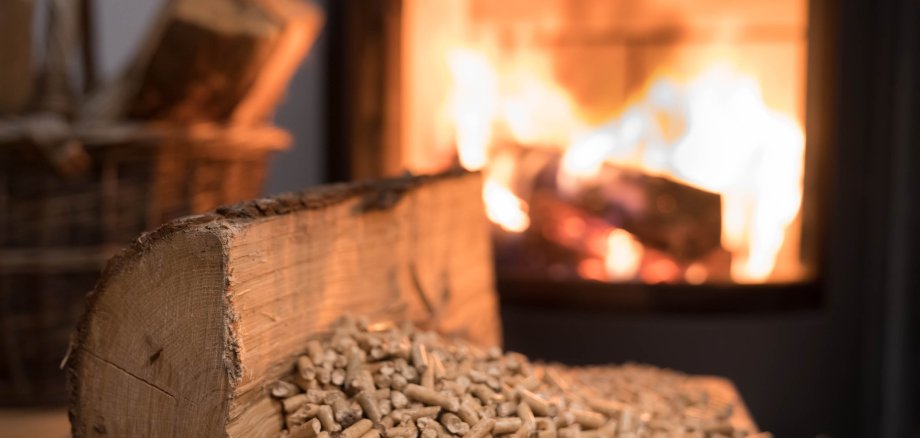 Pellets und ein Holzscheit vorm Kamin